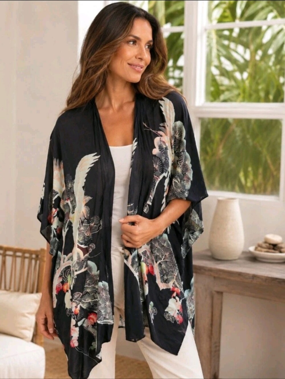 Soft Surroundings Womens Black Open Front Floral Crane Kimono Duster Boho L/XL